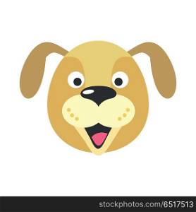 Dog face vector. Flat design. Animal head cartoon icon. Illustration for nature concepts, children s books illustrating, printing materials, web. Funny mask or avatar. Isolated on white background . Dog Face Vector Illustration in Flat Design. Dog Face Vector Illustration in Flat Design