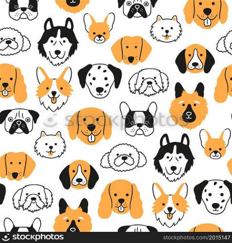Dog faces seamless pattern. Hand drawn heads of different dog breed. Corgi, Pug, Chihuahua, Pomeranian, Spaniel, Husky and Dachshund. Hand drawn vector illustration in doodle style on white background. Dog faces seamless pattern. Hand drawn heads of different dog breed. Corgi, Pug, Chihuahua, Pomeranian, Spaniel, Husky and Dachshund. Hand drawn vector illustration in doodle style