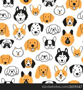 Dog faces seamless pattern. Hand drawn heads of different dog breed. Corgi, Pug, Chihuahua, Pomeranian, Spaniel, Husky and Dachshund. Hand drawn vector illustration in doodle style on white background. Dog faces seamless pattern. Hand drawn heads of different dog breed. Corgi, Pug, Chihuahua, Pomeranian, Spaniel, Husky and Dachshund. Hand drawn vector illustration in doodle style