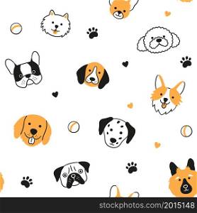 Dog faces seamless pattern. Hand drawn heads of different dog breed. Corgi, Beagle, Chihuahua, Pomeranian spitz, Bulldog, Dalmatian. Hand drawn vector illustration in doodle style on white background.. Dog faces seamless pattern. Hand drawn heads of different dog breed. Corgi, Beagle, Chihuahua, Pomeranian spitz, Bulldog, Dalmatian. Hand drawn vector illustration in doodle style on white background