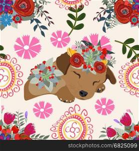 Dog floral background pattern, flower, seamless