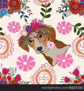 Dog floral background pattern, flower, seamless