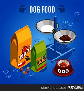 Dog food isometric composition on blue background with dry and wet feed, paw imprints, vector illustration . Dog Food Isometric Composition