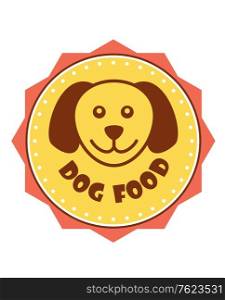 Dog Food label with the head of a cute smiling puppy in the centre of a yellow circle with a border, on white