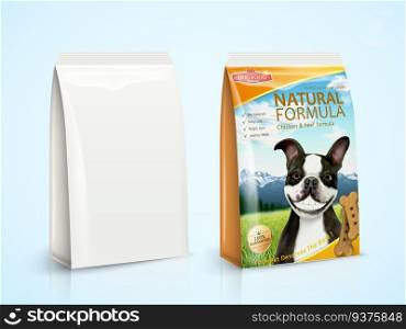 Dog food package design with boston terrier in 3d illustration. Dog food package design