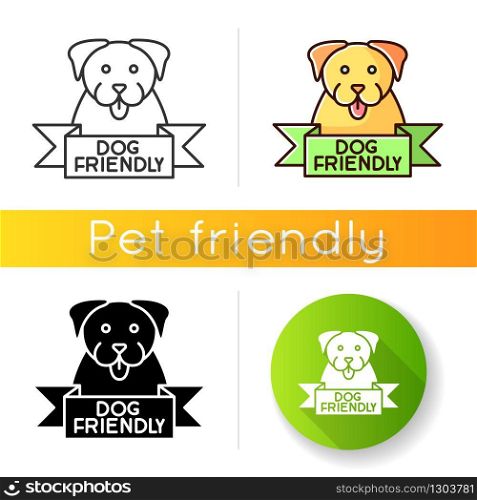 Dog friendly area icon. Puppy permitted zone mark. Domestic animals allowed territory, grooming, pets welcome institution sign. Linear black and RGB color styles. Isolated vector illustrations
