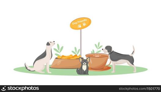 Dog friendly cafe flat color vector character. Cute puppy in coffeeshop. Treats for domestic animal. Pet entry allowed isolated cartoon illustration for web graphic design and animation. Dog friendly cafe flat color vector character