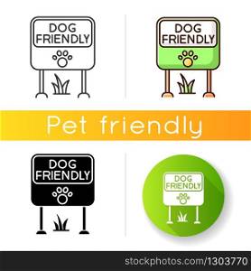 Dog friendly place icon. Doggy allowed park and square mark. Domestic puppies permitted territory, lawn and garden sign. Linear black and RGB color styles. Isolated vector illustrations