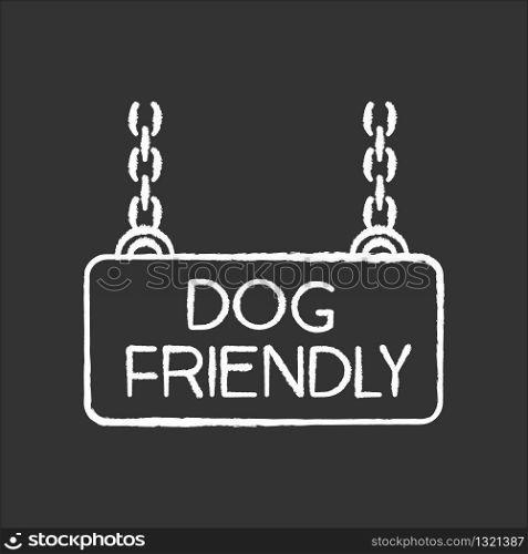 Dog friendly territory chalk white icon on black background. Doggy permitted zone, puppies welcome terrain. Domestic animals allowed area chain hanging plate. Isolated vector chalkboard illustration