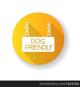 Dog friendly territory yellow flat design long shadow glyph icon. Doggy permitted zone, puppies welcome terrain. Domestic animals allowed area chain hanging plate. Silhouette RGB color illustration