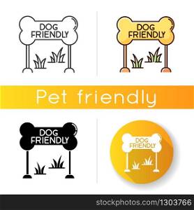 Dog friendly zone icon. Puppy allowed park and square mark. Domestic animals permitted territories, lawn and garden. Linear black and RGB color styles. Isolated vector illustrations