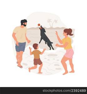 Dog fun isolated cartoon vector illustration Family playing with pet at seaside, dog jumping in waves with a toy ball, splashing and having fun, walk at the beach, leisure time vector cartoon.. Dog fun isolated cartoon vector illustration