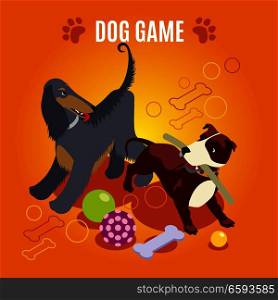 Dog game isometric composition on orange background with domestic animals and various toys, paw imprints, vector illustration. Dog Game Isometric Composition