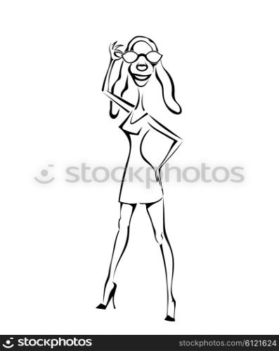 Dog girl on high heels with long legs and glasses isolated on white background. Cartoon. Vector illustration.