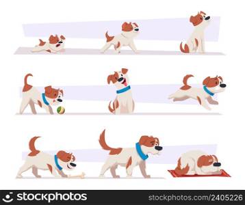 Dog growth stages. Cartoon domestic animal puppy life progress pictures happy active puppy and tired old dog exact vector illustration set. Dog life progression stage, domestic small mammal. Dog growth stages. Cartoon domestic animal puppy life progress pictures happy active puppy and tired old dog exact vector illustration set