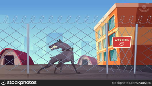 Dog guards. Angry animal protecting house from thieves exact vector cartoon background illustrations. Animal dog guard, angry canine security. Dog guards. Angry animal protecting house from thieves exact vector cartoon background illustrations