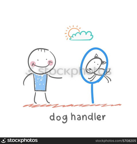 dog handler. Fun cartoon style illustration. The situation of life.