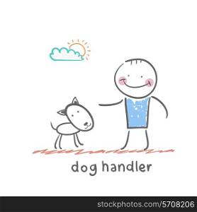 dog handler. Fun cartoon style illustration. The situation of life.