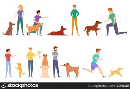 Dog handler icons set. Cartoon set of dog handler vector icons for web design. Dog handler icons set, cartoon style