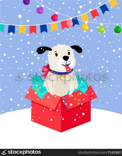 Dog happy new year. Cute snow puppy in gift box greeting card background with garlands vector illustration. Cute snow puppy in gift box