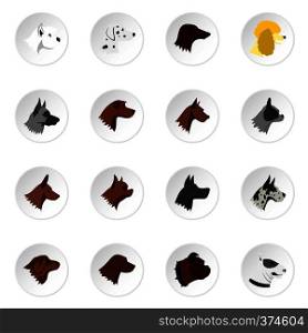 Dog head icons set. Flat illustration of 16 dog head vector icons for web. Dog head icons set, flat style