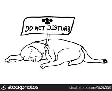 Dog holding do not disturb board for warning others while its sleeping