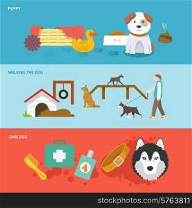 Dog horizontal banner set with walking puppy care flat elements isolated vector illustration