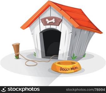 Dog House. Illustration of a cartoon funny doghouse with dish for dog meal, and stake with leash attached