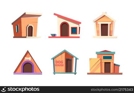 Dog houses. Wooden box for pets living and relaxing comfortable place for happy puppy garish vector cartoon collection set. Illustration house dog, animal kennel made from wooden. Dog houses. Wooden box for pets living and relaxing comfortable place for happy puppy garish vector cartoon collection set