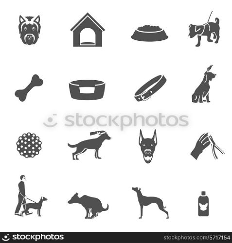 Dog icons black set with grooming shampoo puppy toys bone isolated vector illustration