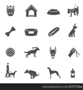 Dog icons black set with grooming shampoo puppy toys bone isolated vector illustration