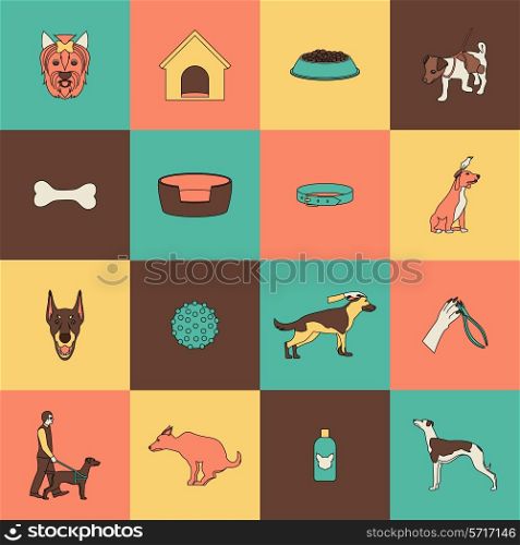 Dog icons flat line set with walking animal paw canine face isolated vector illustration