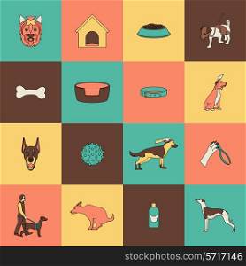 Dog icons flat line set with walking animal paw canine face isolated vector illustration
