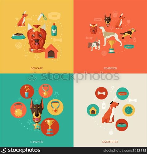 Dog icons flat set with dog care exhibition ch&ion favorite pet isolated vector illustration