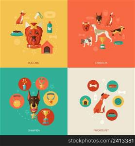 Dog icons flat set with dog care exhibition ch&ion favorite pet isolated vector illustration