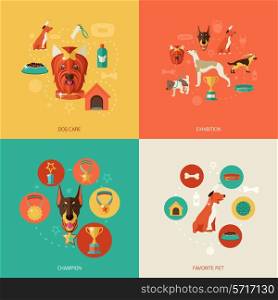Dog icons flat set with dog care exhibition champion favorite pet isolated vector illustration