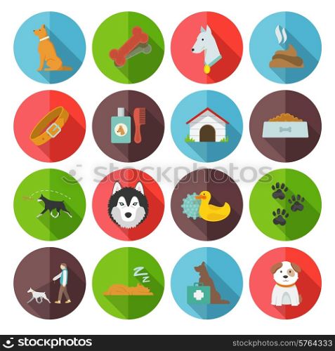 Dog icons flat set with dung garbage puppy walking isolated vector illustration