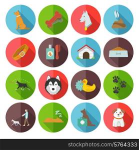 Dog icons flat set with dung garbage puppy walking isolated vector illustration
