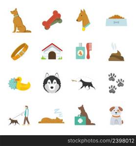 Dog icons flat set with dung kennel leash food bowl isolated vector illustration. Dog Icons Flat