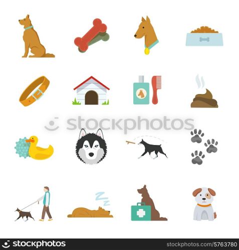 Dog icons flat set with dung kennel leash food bowl isolated vector illustration