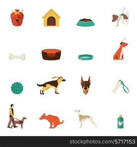 Dog icons flat set with food walking bowl collar isolated vector illustration