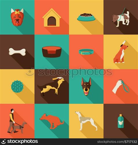 Dog icons flat set with grooming pet care collar house isolated vector illustration