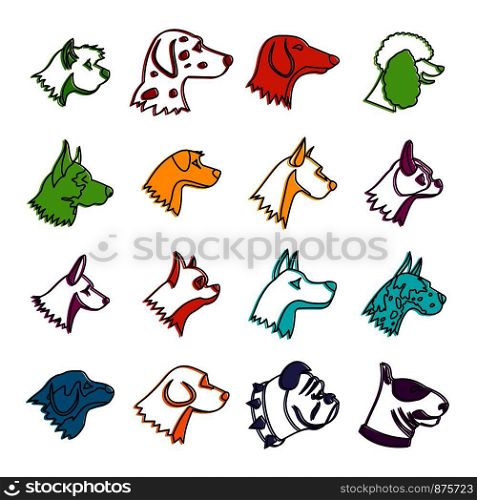 Dog icons set. Doodle illustration of vector icons isolated on white background for any web design. Dog icons doodle set