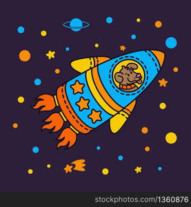 Dog in a rocket spaceship. Star galaxy. Cute cosmonaut dog in outer space. Vector illustration on the space theme in childish style.