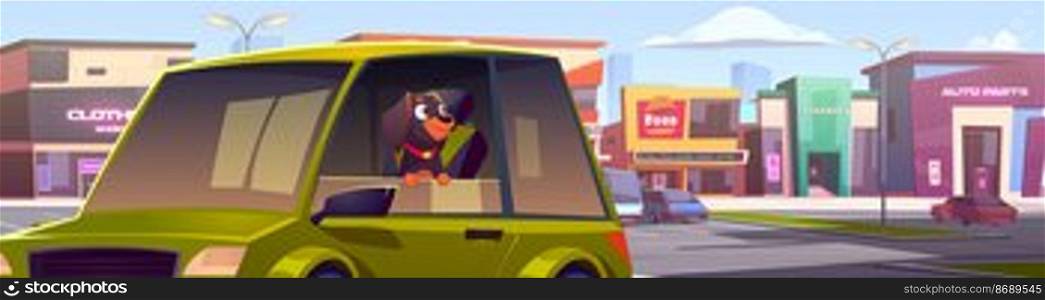 Dog in car window, pet left in locked automobile at supermarket parking area at hot summer day, Animal wait owner in transport on cityscape with stores and shops buildings, Cartoon vector illustration. Dog in car window, pet left in locked automobile