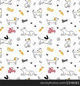 Dog in  doodle style. Seamless pattern with pets for sewing children  clothing, printing on fabric and packaging paper. Set with animals.