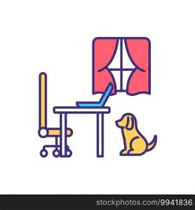 Dog isolation at home RGB color icon. Absent owner, lonely puppe in house. Pet care, loneliness. Domestic animal anxiety. Psychological stress for adopted doggy. Isolated vector illustration. Dog isolation at home RGB color icon