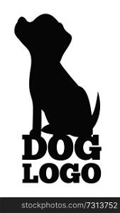 Dog logo, black and white card, vector illustration with dogs silhouette, abstract sitting pet, text sample, smart animal, isolated on bright backdrop. Dog Lolo, Black and White Card Vector Illustration