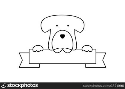 Dog logo shop holding a white blank board, card or banner. Hand drawn monoline vector illustration with place for text. Children book, birthday or greeting card.. Dog logo shop holding a white blank board, card or banner. Hand drawn monoline vector illustration with place for text. Children book, birthday or greeting card