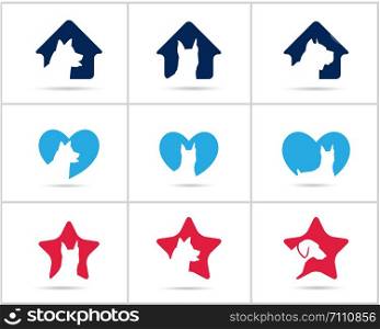 Dog logos set design, pet and animal health and care hospital vector icons, low poly dogs in medical cross, star and home illustration.